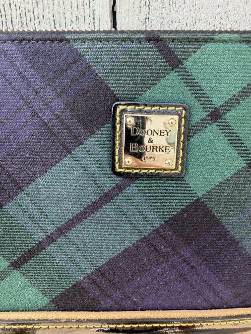 Dooney & Bourke green blue tartan plaid patent leather clutch tasseled preppy - Picture 3 of 11